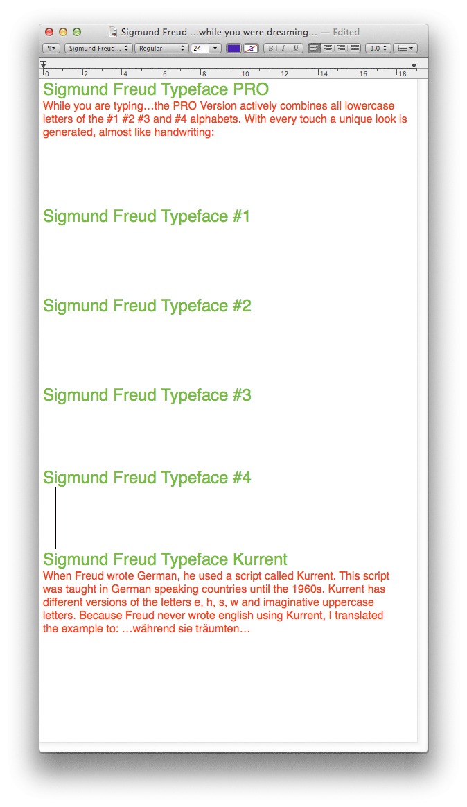 All Sigmund Freud Typefaces in comparison, displayed in Mac OS TextEdit