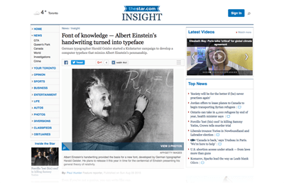 2015-08-09 Font of knowledge — Albert Einstein's handwriting turned into typeface -Toronto Star-Web