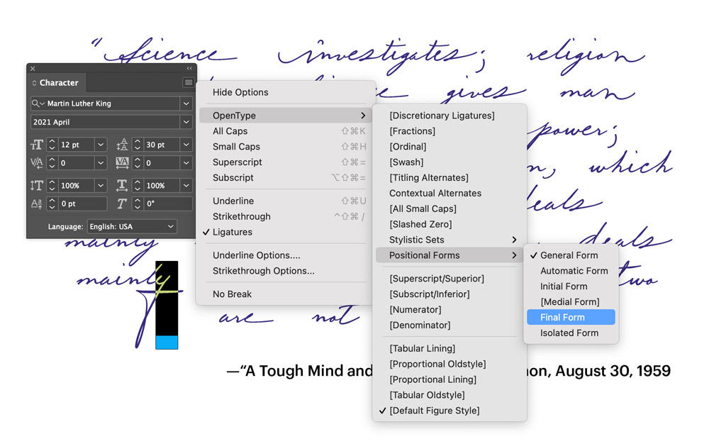 Martin-Luther-King-handwriting-font-advanced-features-in-InDesign