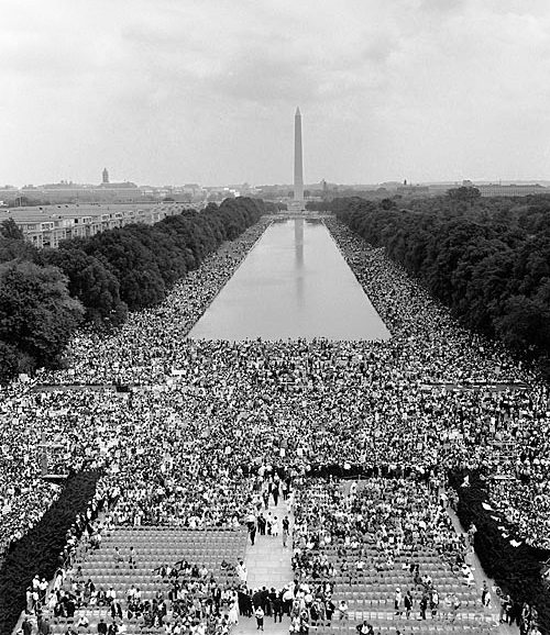 This image shows the view from the Lincoln Memorial toward the Washington Monument on August 28, 1963. 